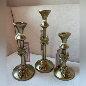 Cupcakes and Cashmere Coquette Gold Bow Candlestick Holder Set